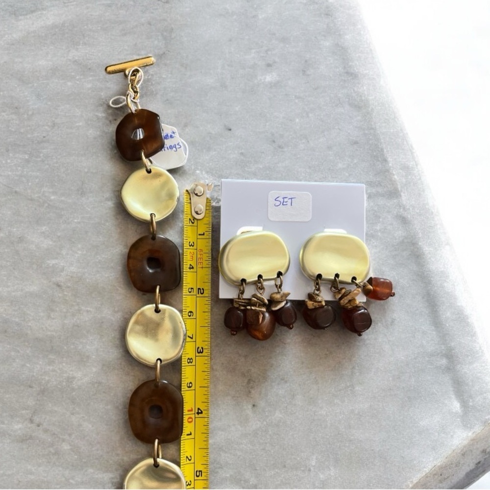 Vintage Matte Gold and Amber Colored Bracelet Clip OnEarrings Set by Lena Fiore - Picture 9 of 9
